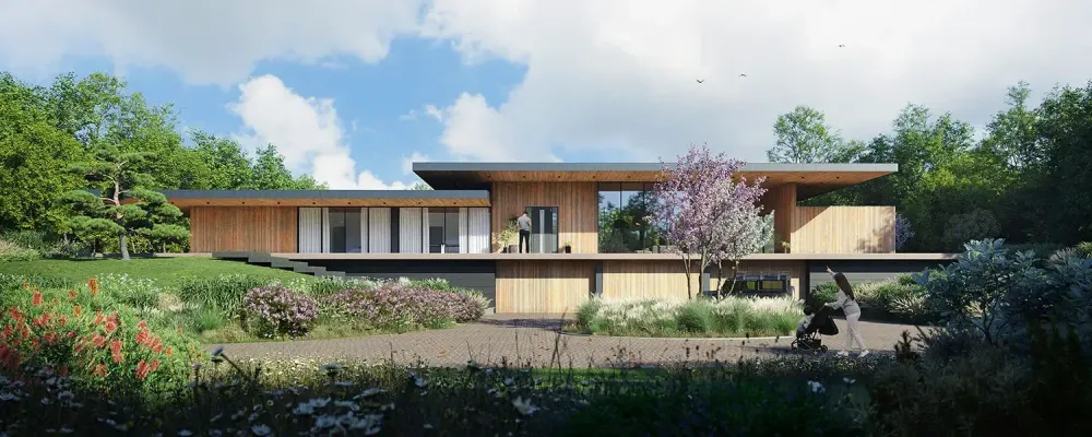 Aerial architectural rendering of luxury hillside villa with infinity pool