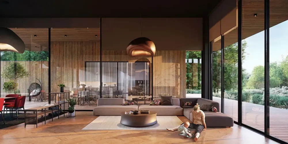 Aerial architectural rendering of luxury hillside villa with infinity pool