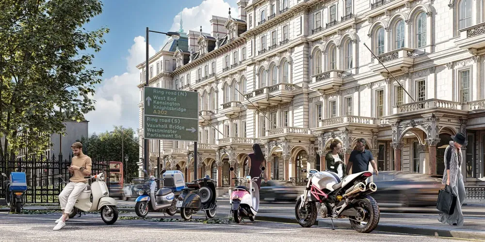 Architectural visualization of historic Grosvenor building facade in London