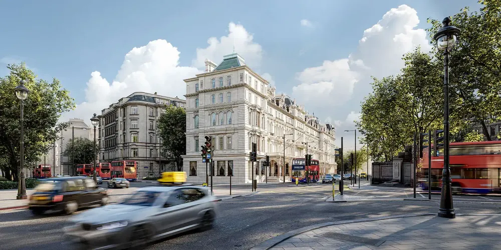 Architectural visualization of historic Grosvenor building facade in London