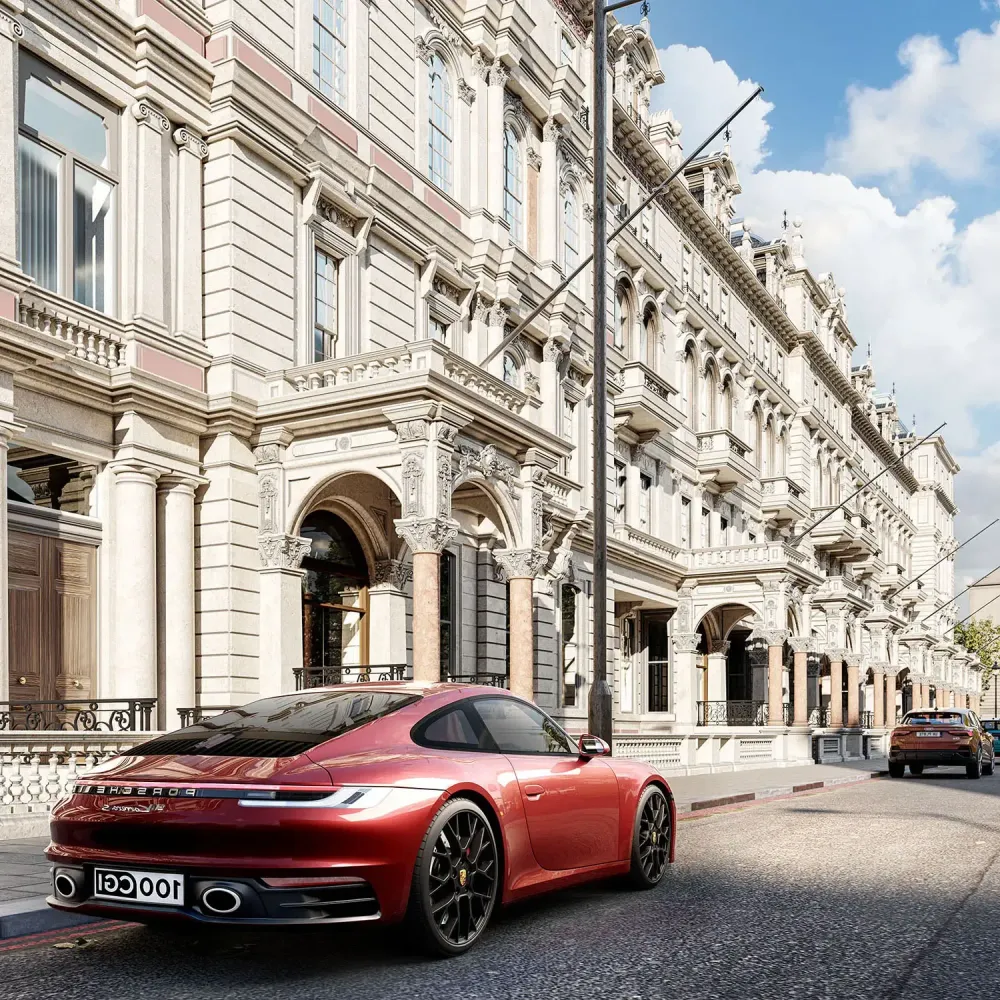 Architectural visualization of historic Grosvenor building facade in London