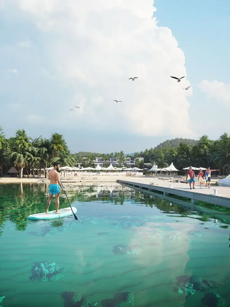 3D rendering of tropical beach resort with wooden pier and beachfront villas