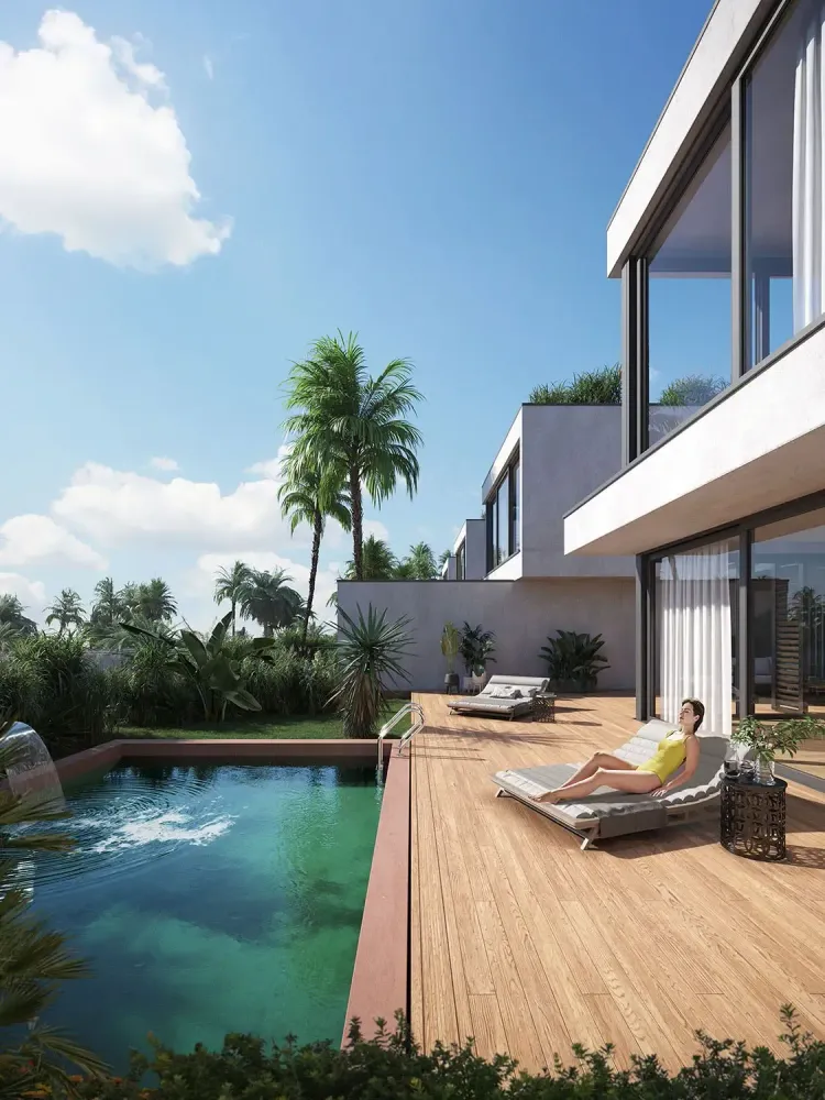 3D rendering of tropical beach resort with wooden pier and beachfront villas