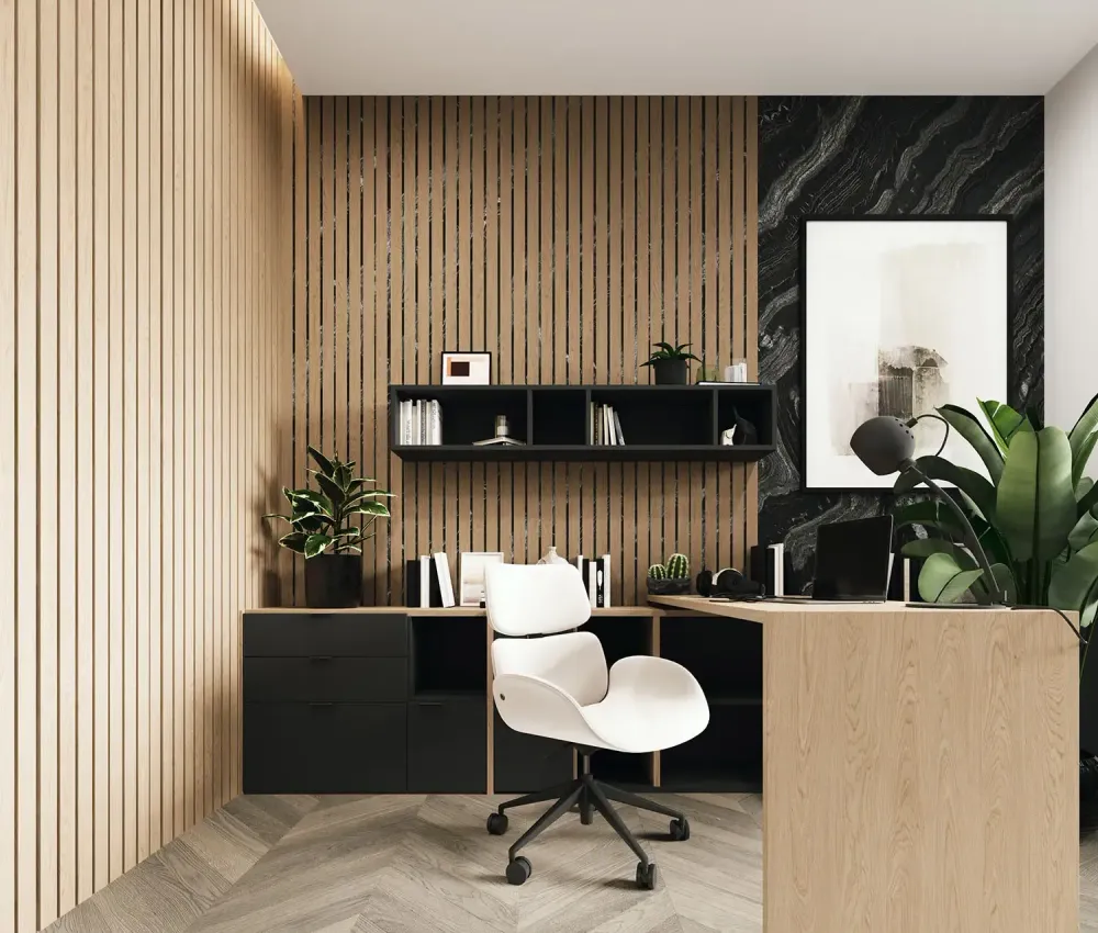 3D rendering of modern Scandinavian living room with oak built-ins