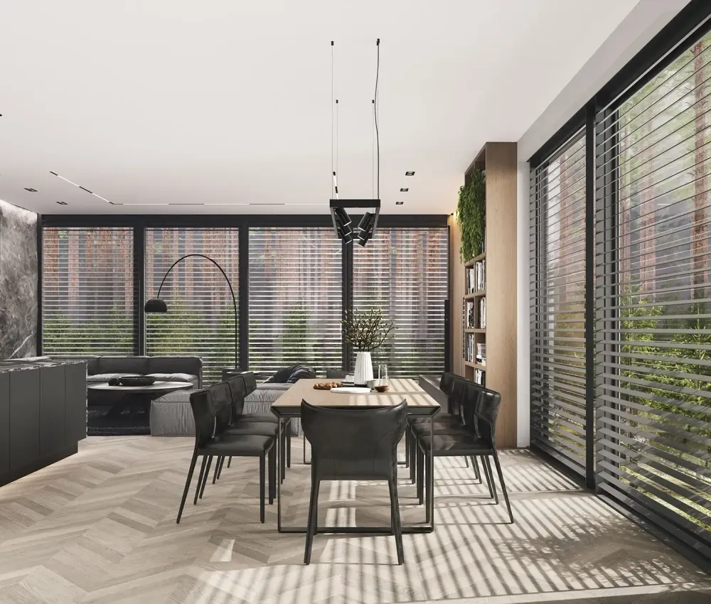 3D rendering of modern Scandinavian living room with oak built-ins