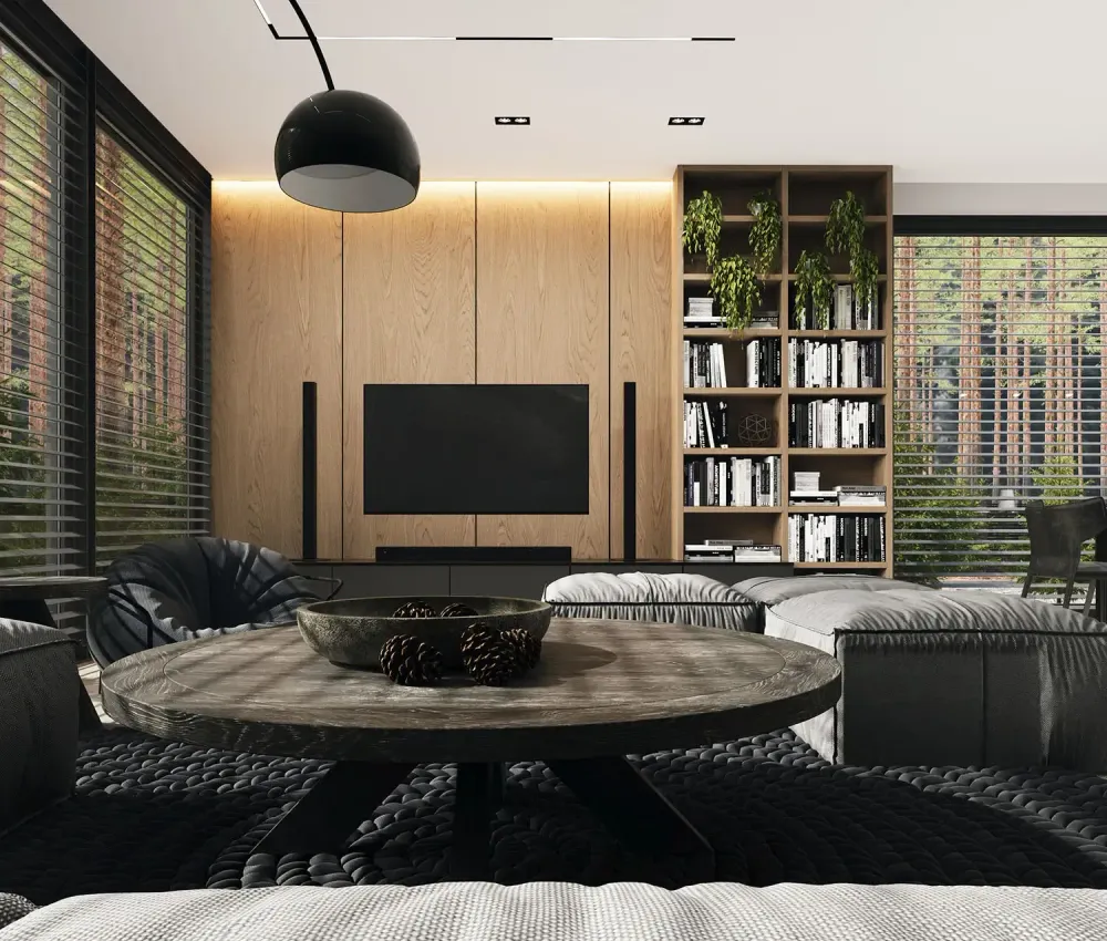 3D rendering of modern Scandinavian living room with oak built-ins