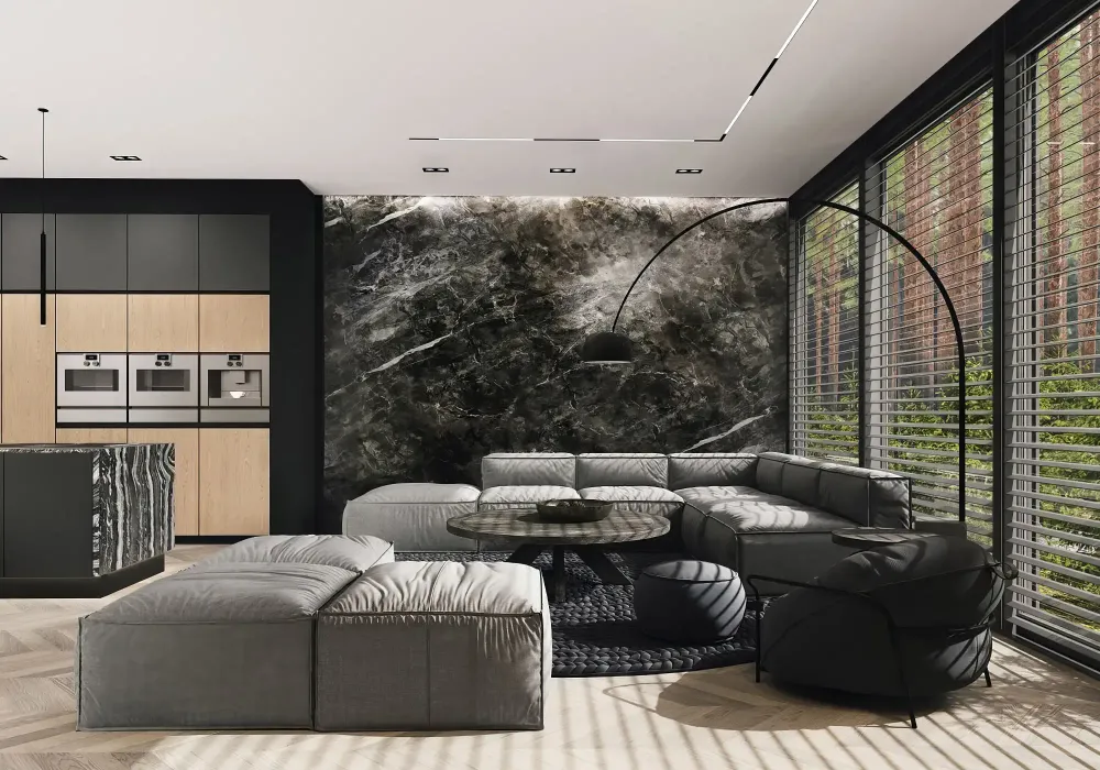 3D rendering of modern Scandinavian living room with oak built-ins