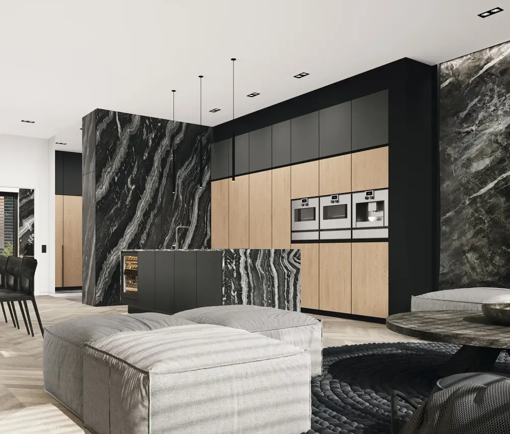 3D rendering of modern Scandinavian living room with oak built-ins