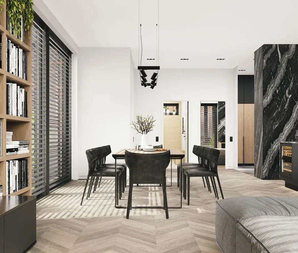 3D rendering of modern Scandinavian living room with oak built-ins