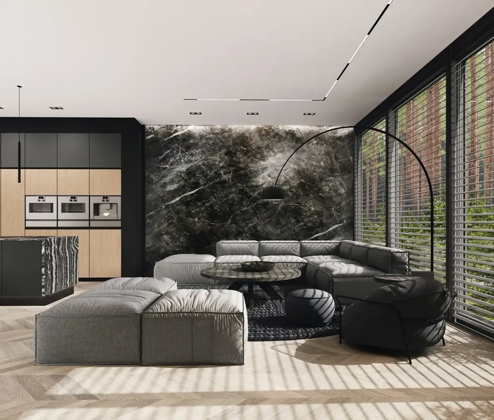 3D rendering of modern Scandinavian living room with oak built-ins