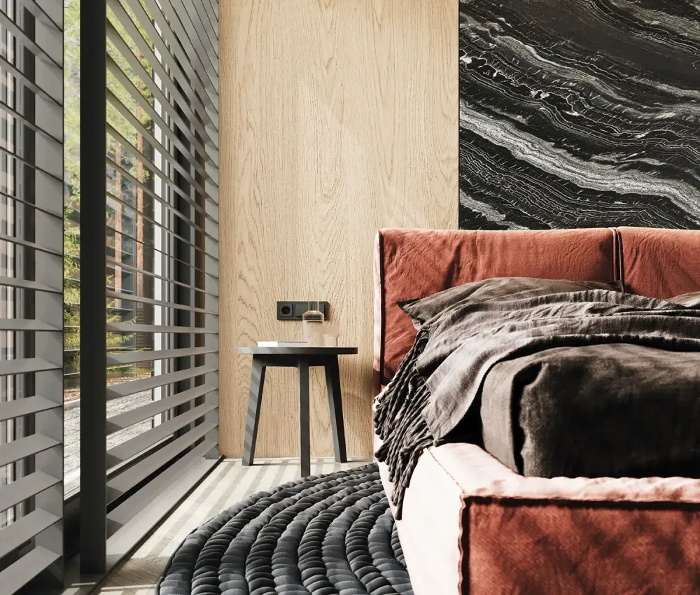 3D rendering of modern Scandinavian living room with oak built-ins