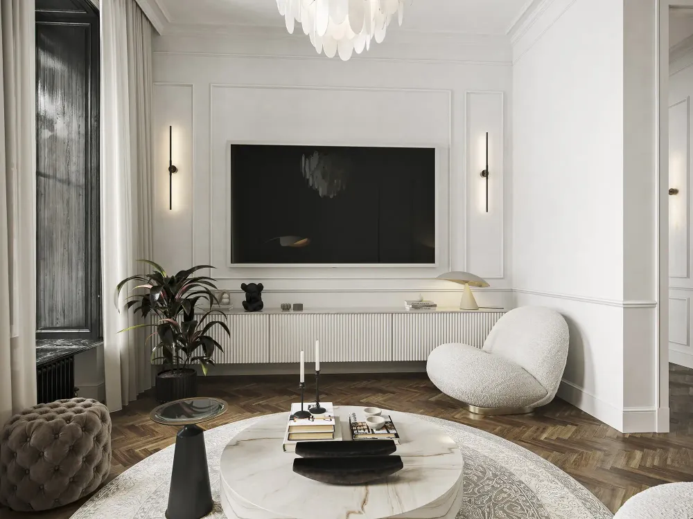 3D visualization of luxury Mayfair apartment hallway with herringbone floors