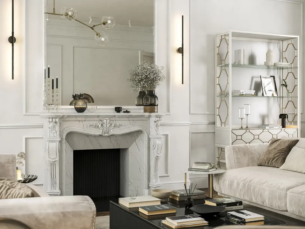 3D visualization of luxury Mayfair apartment hallway with herringbone floors