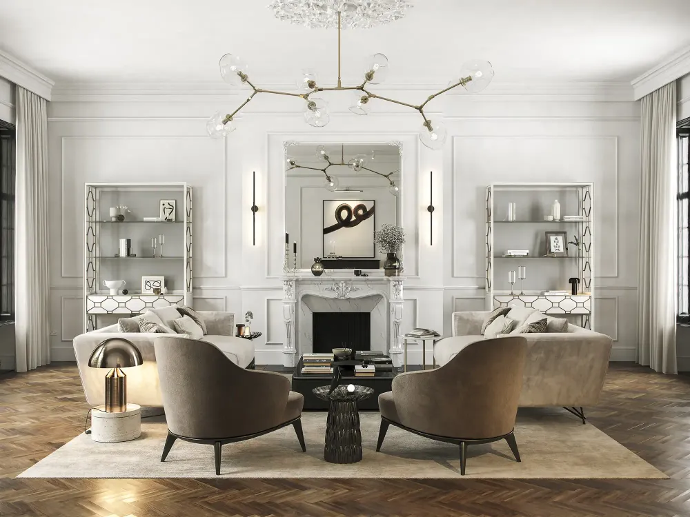 3D visualization of luxury Mayfair apartment hallway with herringbone floors