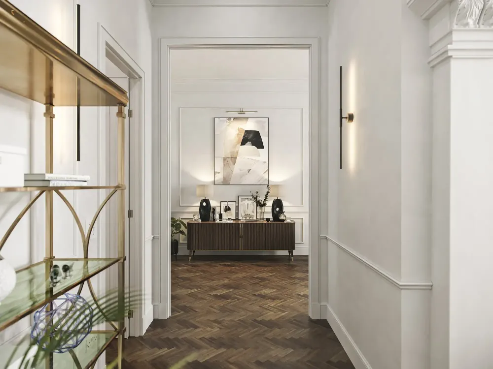 3D visualization of luxury Mayfair apartment hallway with herringbone floors