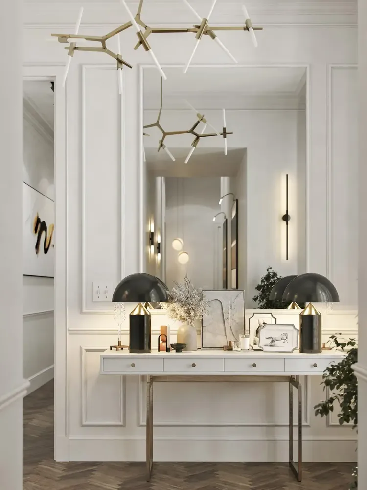 3D rendering of elegant Mayfair living room with classic moldings