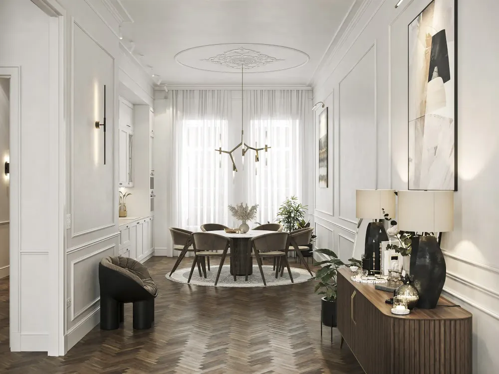 3D rendering of Mayfair kitchen with marble countertops