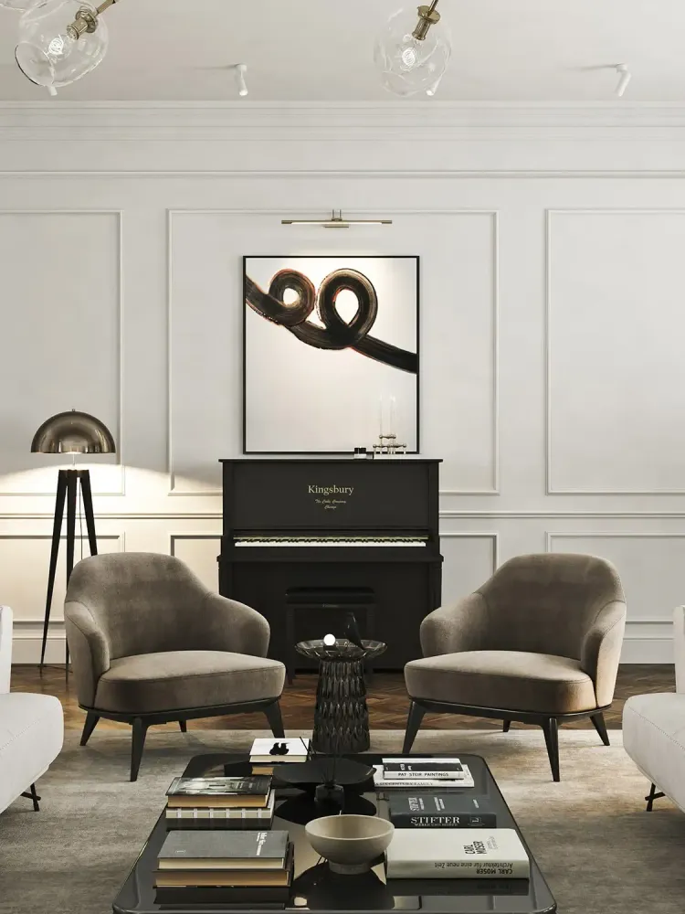 3D visualization of Mayfair sitting room with piano and velvet chairs