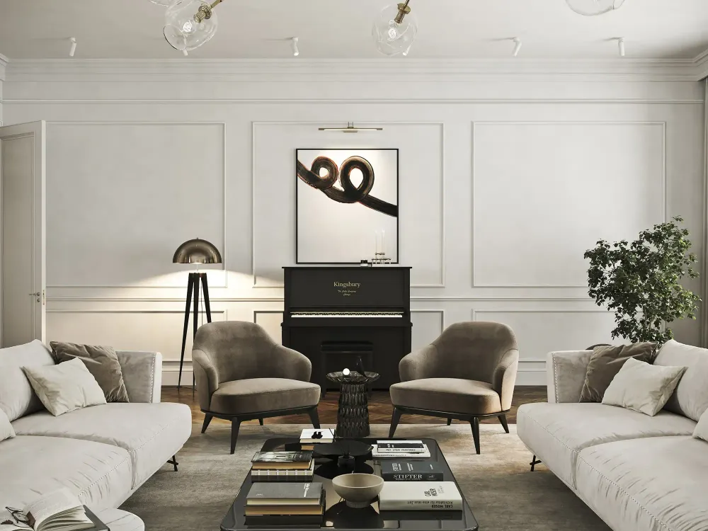 3D rendering of Mayfair apartment dining area with chandelier
