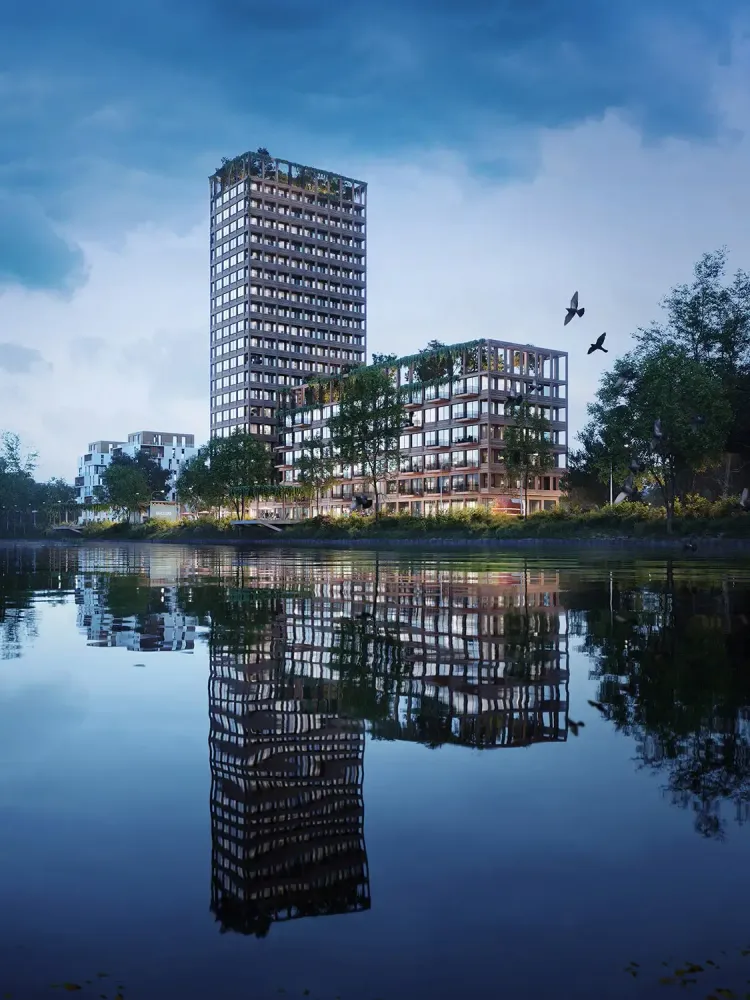 Mount Anvil tower reflected in lake at twilight with birds in flight