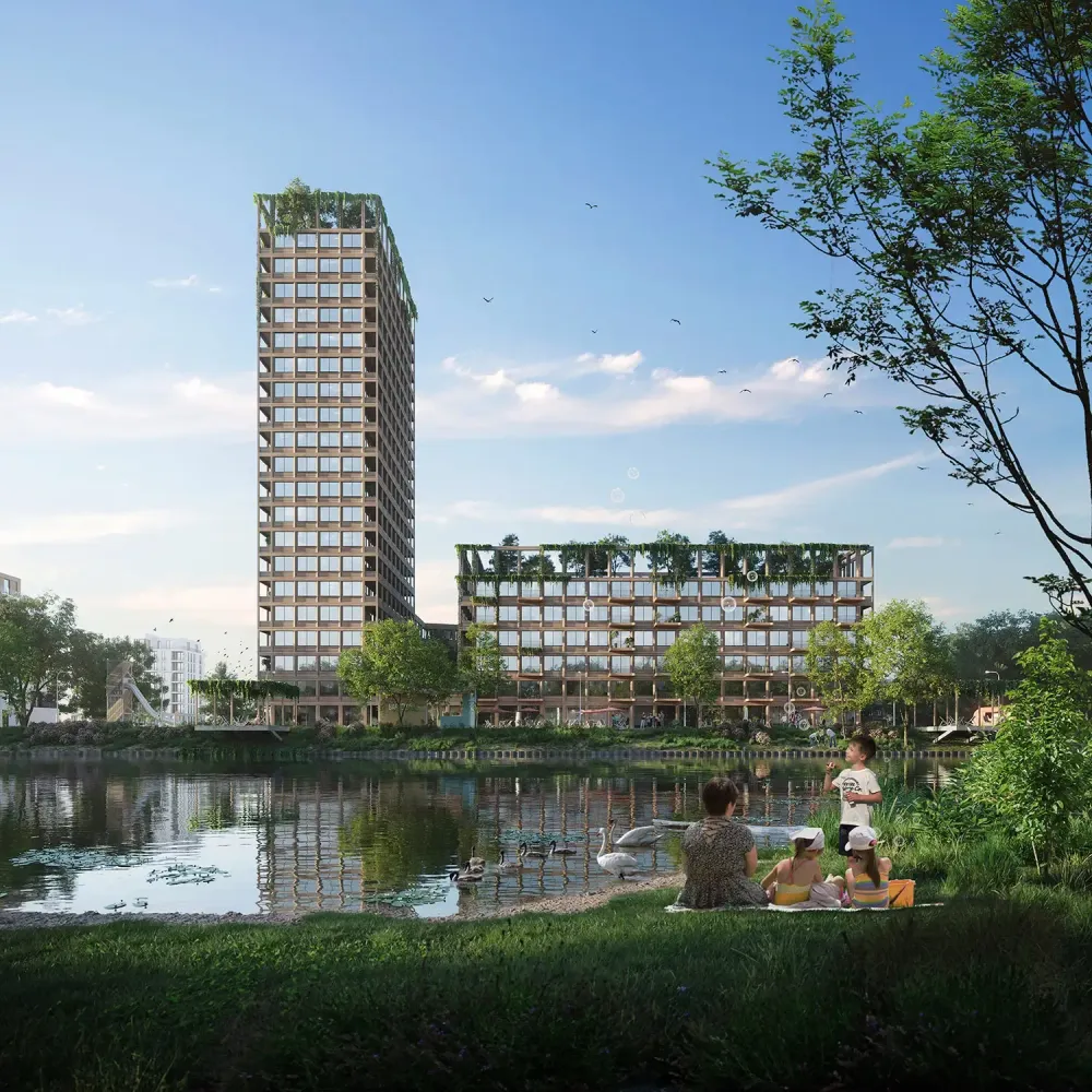 Mount Anvil tower with green terraces viewed from lakeside with family picnic