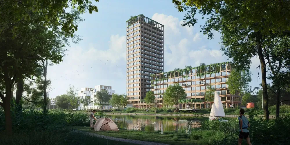 Architectural visualization of Mount Anvil sustainable residential tower with green terraces