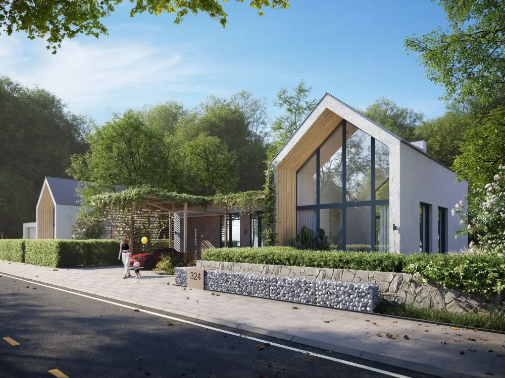 Architectural rendering of modern gabled house with garden terrace
