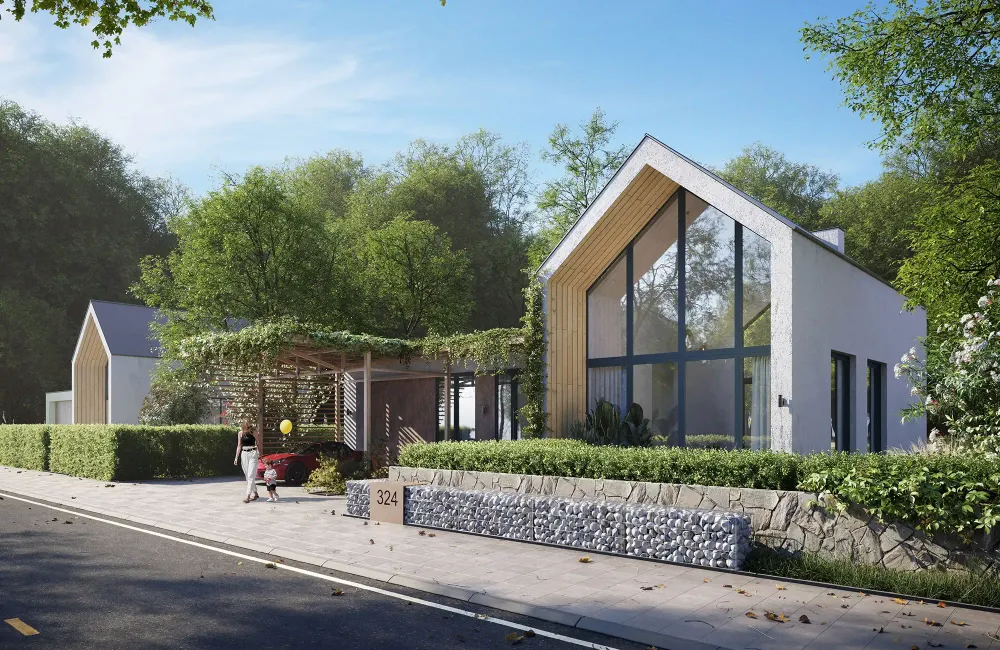 Architectural rendering of modern gabled house with garden terrace