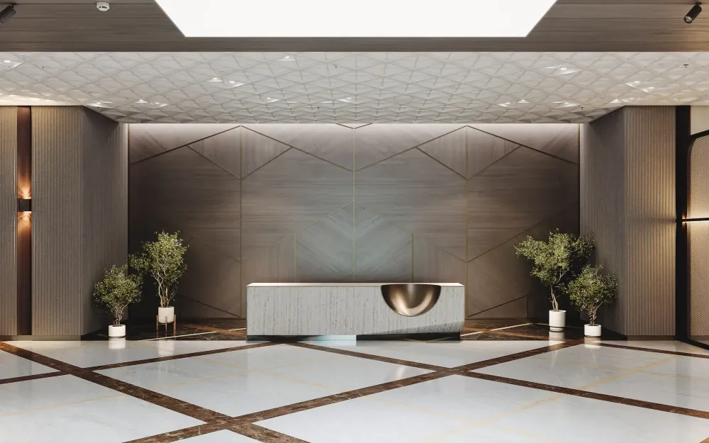 SIRO reception desk with illuminated logo, slatted wood wall, and modern seating
