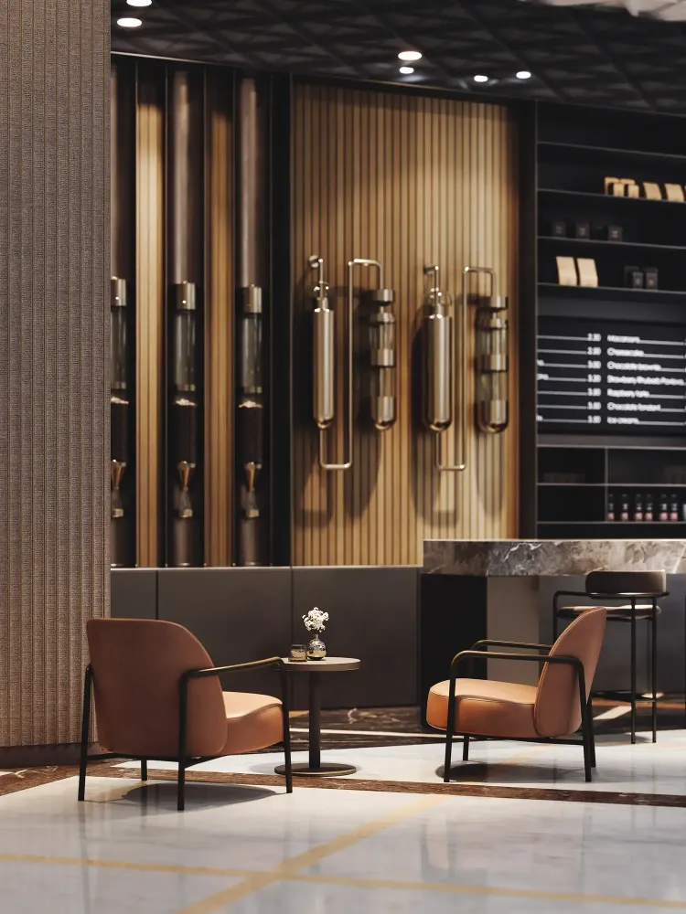 SIRO café corner with brass coffee equipment display and leather seating