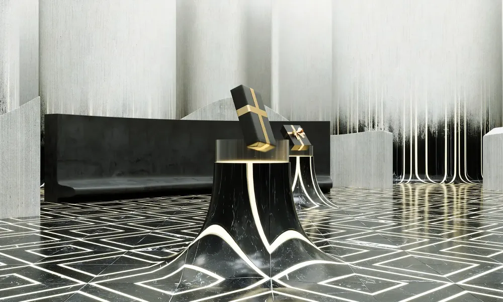 3D visualization of luxury retail store interior with dramatic marble design