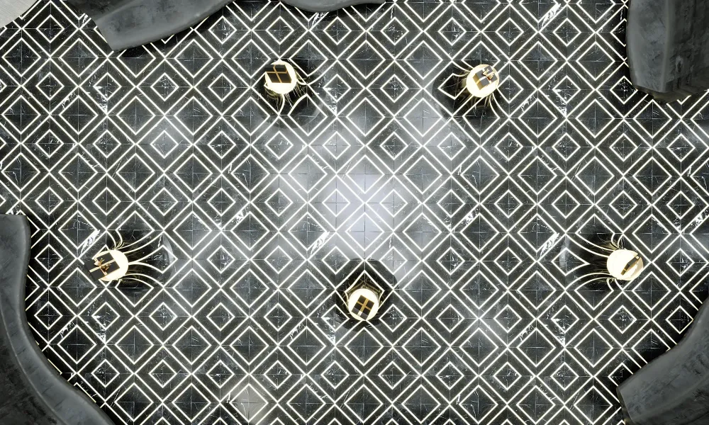 3D visualization of luxury retail store interior with dramatic marble design