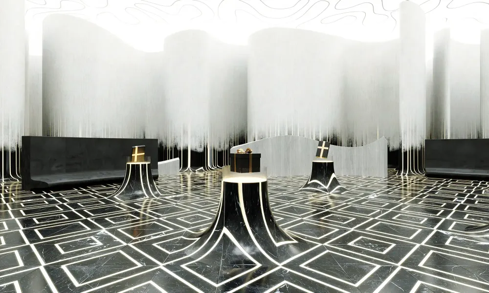 3D visualization of luxury retail store interior with dramatic marble design