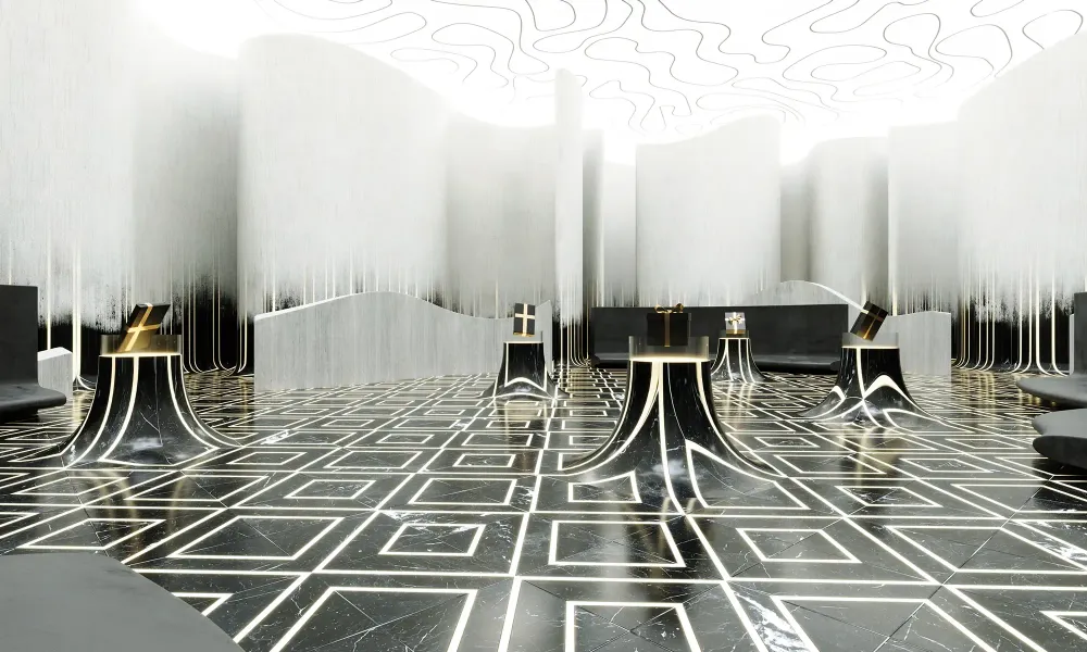 3D visualization of luxury retail store interior with dramatic marble design
