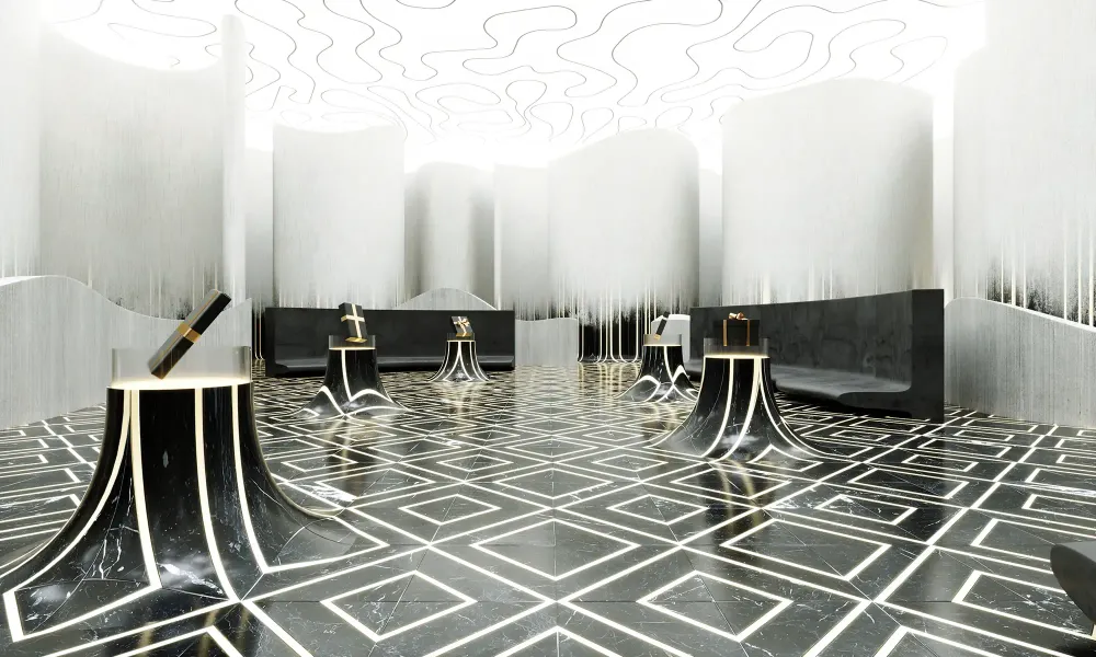 3D visualization of luxury retail store interior with dramatic marble design