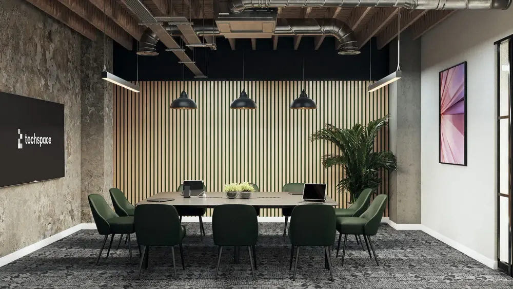 3D rendering of industrial coworking space with exposed ductwork and café