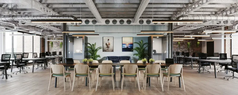 3D rendering of industrial coworking space with exposed ductwork and café