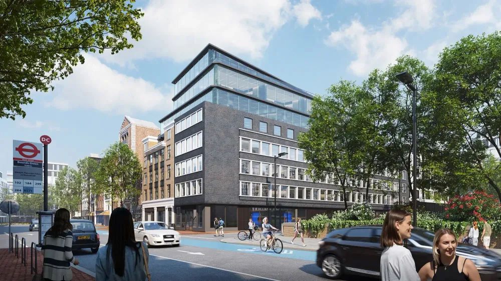 Architectural visualization of modern office building near London tube station