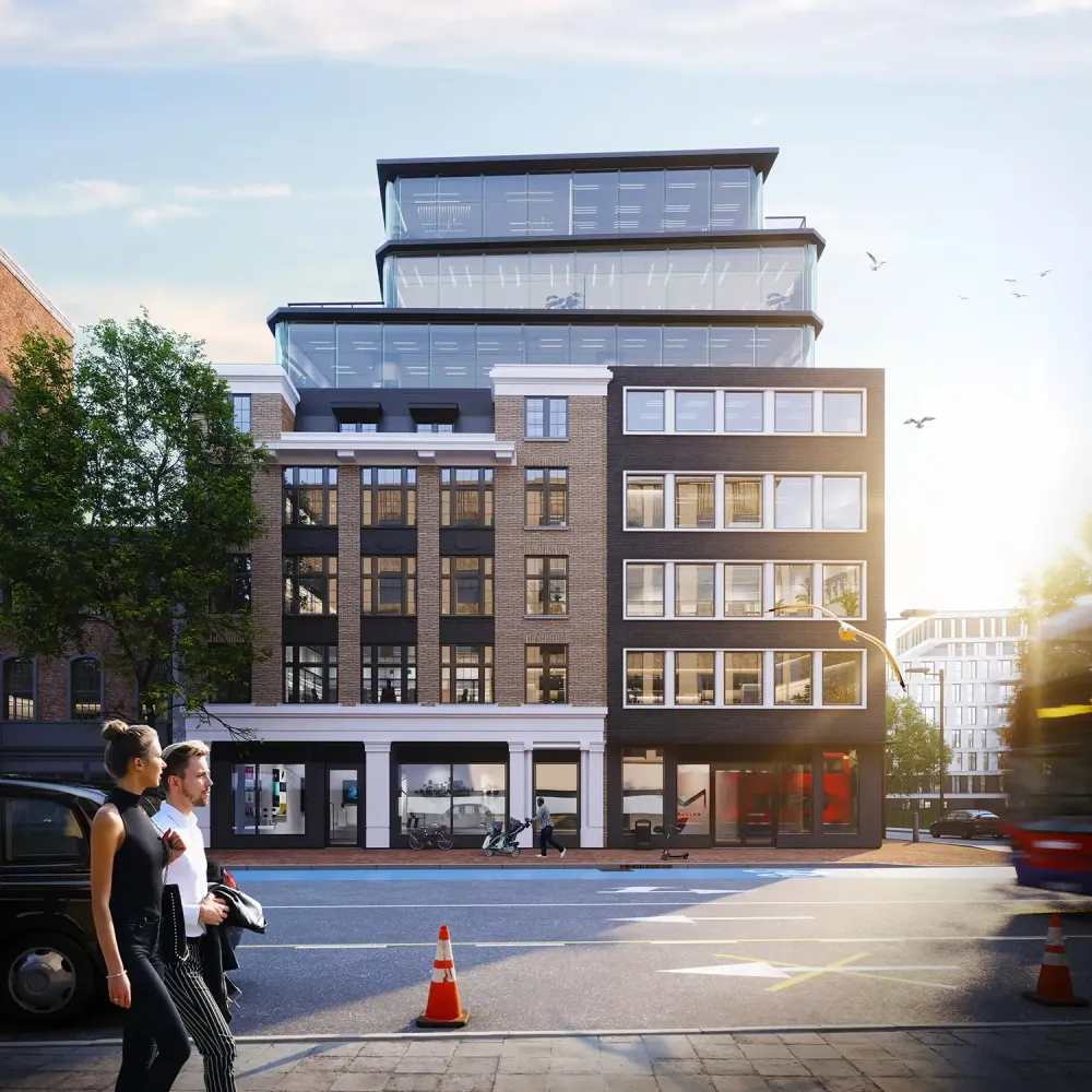 Architectural visualization of modern office building near London tube station