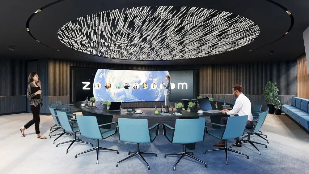 3D rendering of Zoom office reception area with modern design