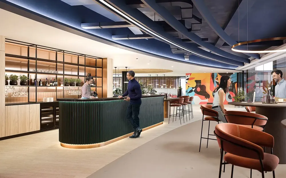 3D visualization of Zoom office café with colorful mural and bar seating
