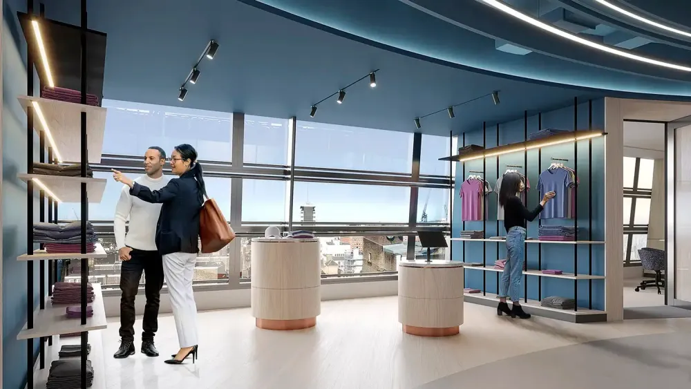 3D visualization of modern retail store interior with clothing displays