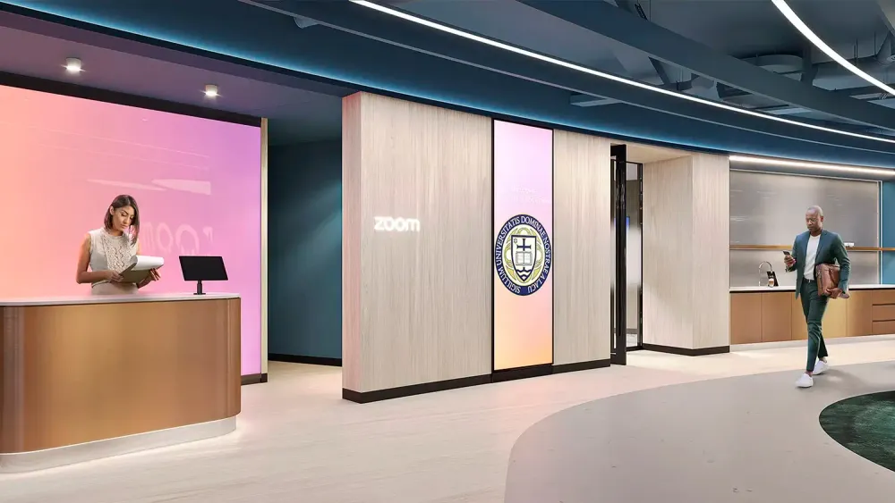 3D rendering of Zoom reception with gradient LED screen and branded signage