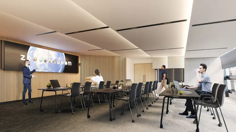 3D visualization of Zoom training room with video wall and conference tables
