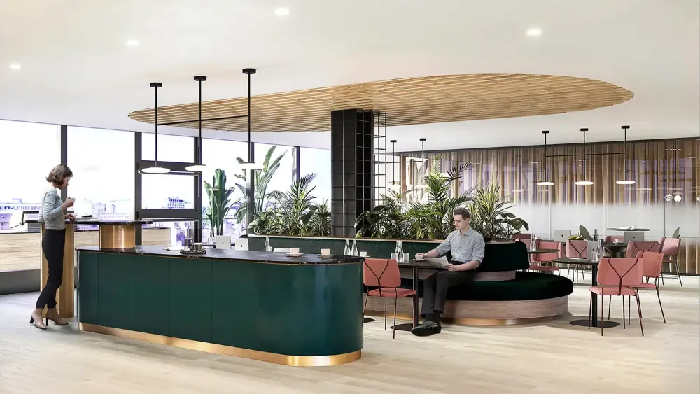 3D rendering of Zoom office workspace with collaborative areas