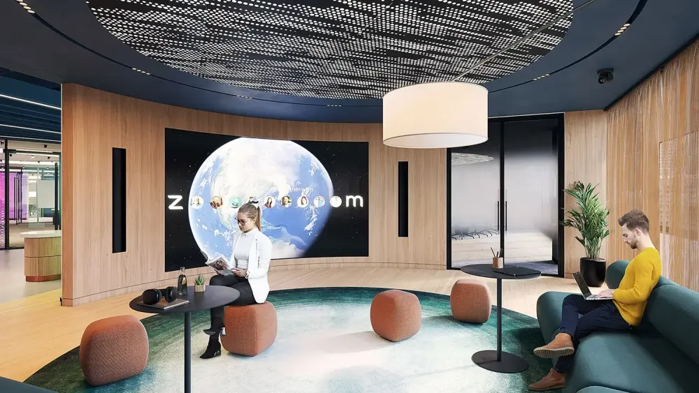 3D visualization of Zoom lounge area with globe display and casual seating