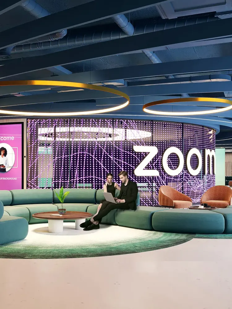 3D rendering of Zoom headquarters lobby with branded LED wall and seating
