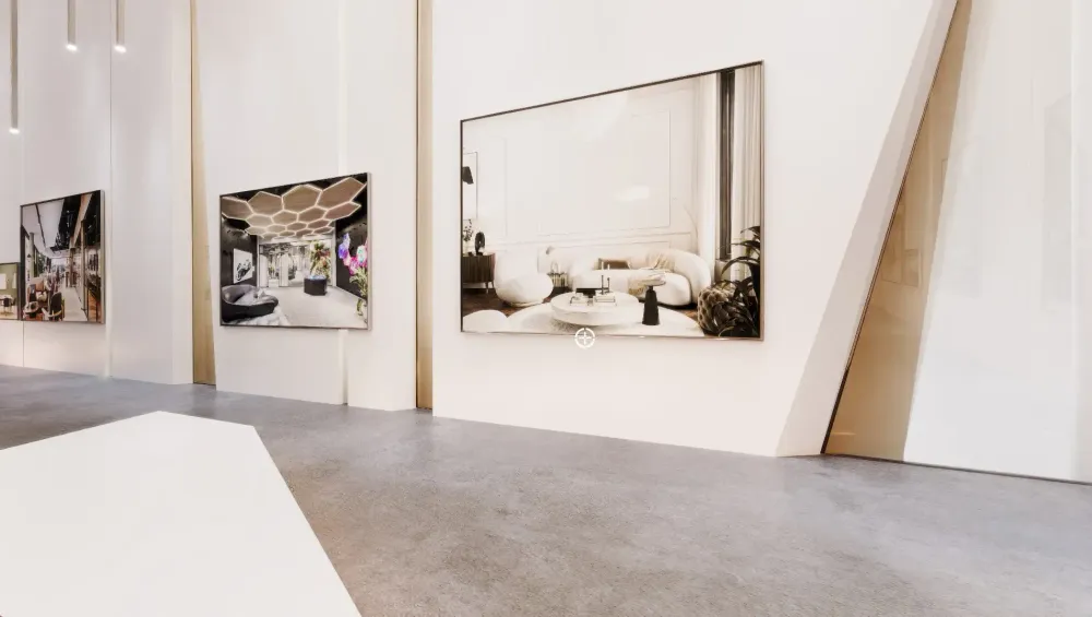 3D visualization of minimalist contemporary art gallery interior