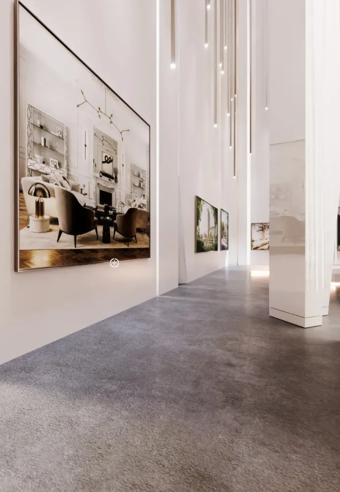 3D visualization of minimalist contemporary art gallery interior