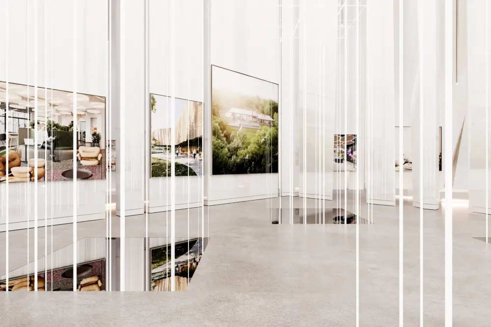 3D visualization of minimalist contemporary art gallery interior